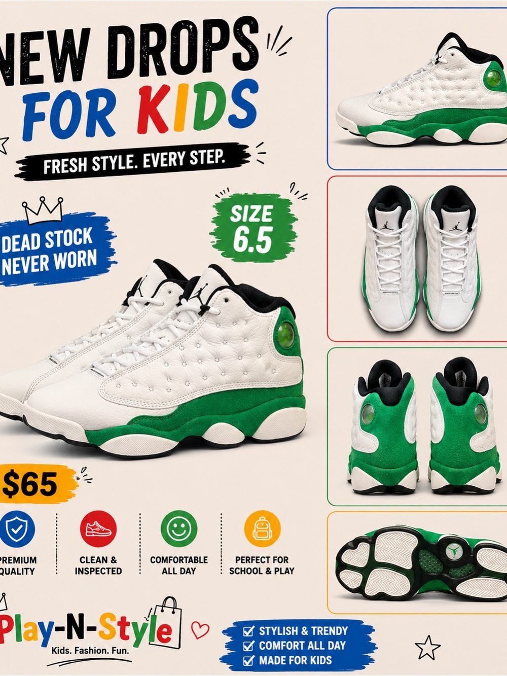 White and Green Kids Basketball Sneakers